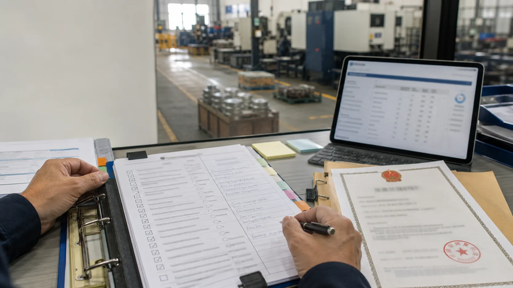 Buyer cross-checking a Chinese supplier's certification, business licence and reference documentation against the contract file