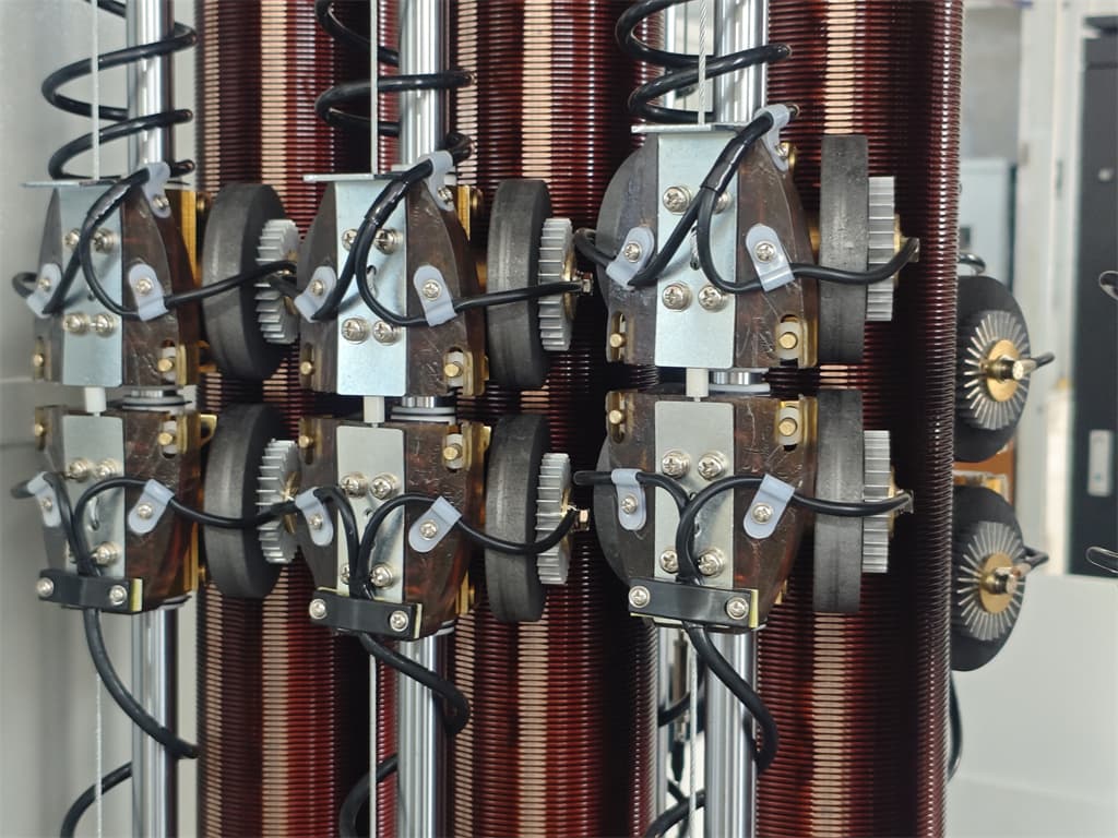 Close-up of medium-voltage transformer windings and on-load tap-changer contacts during factory inspection — copper coils, laminated iron cores, and tap-selector hardware visible.